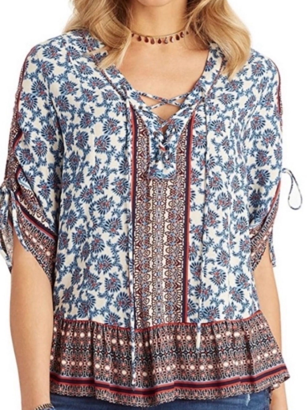 Democracy lace-up ruched sleeve knit top rayon womens XL